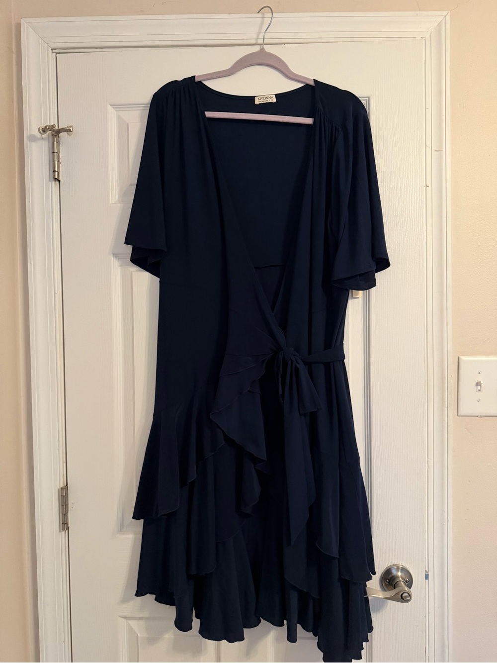 Kiyonna Navy Wrap Midi Dress with Ruffle Details